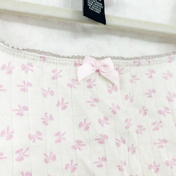 Just Polly Womens Coquette Square Neck Bow Print Baby Tee Crop‎ Top Size M Pink - Picture 2 of 4